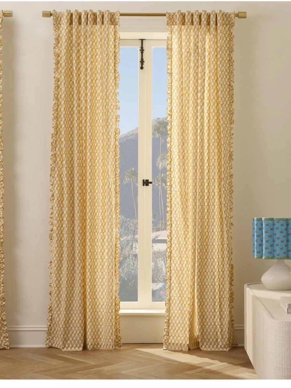 West Elm Yellow Block Print Ruffle Cotton Curtains